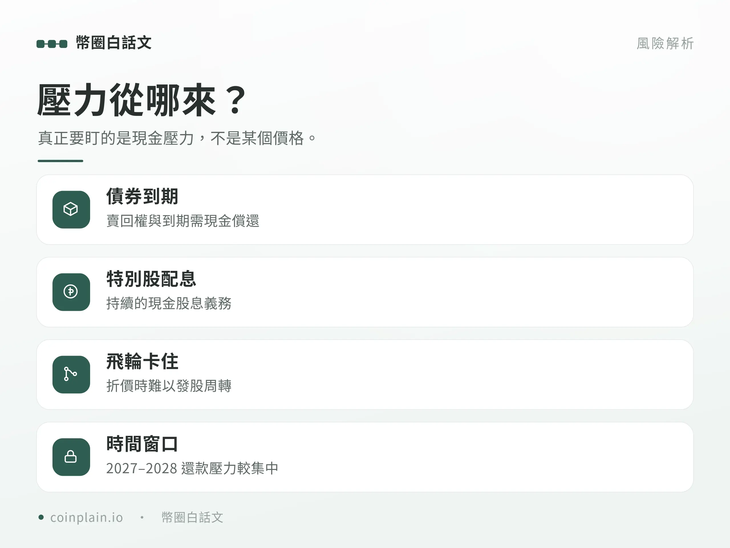 MSTR 清算壓力從哪來：債券到期、配息與飛輪卡住