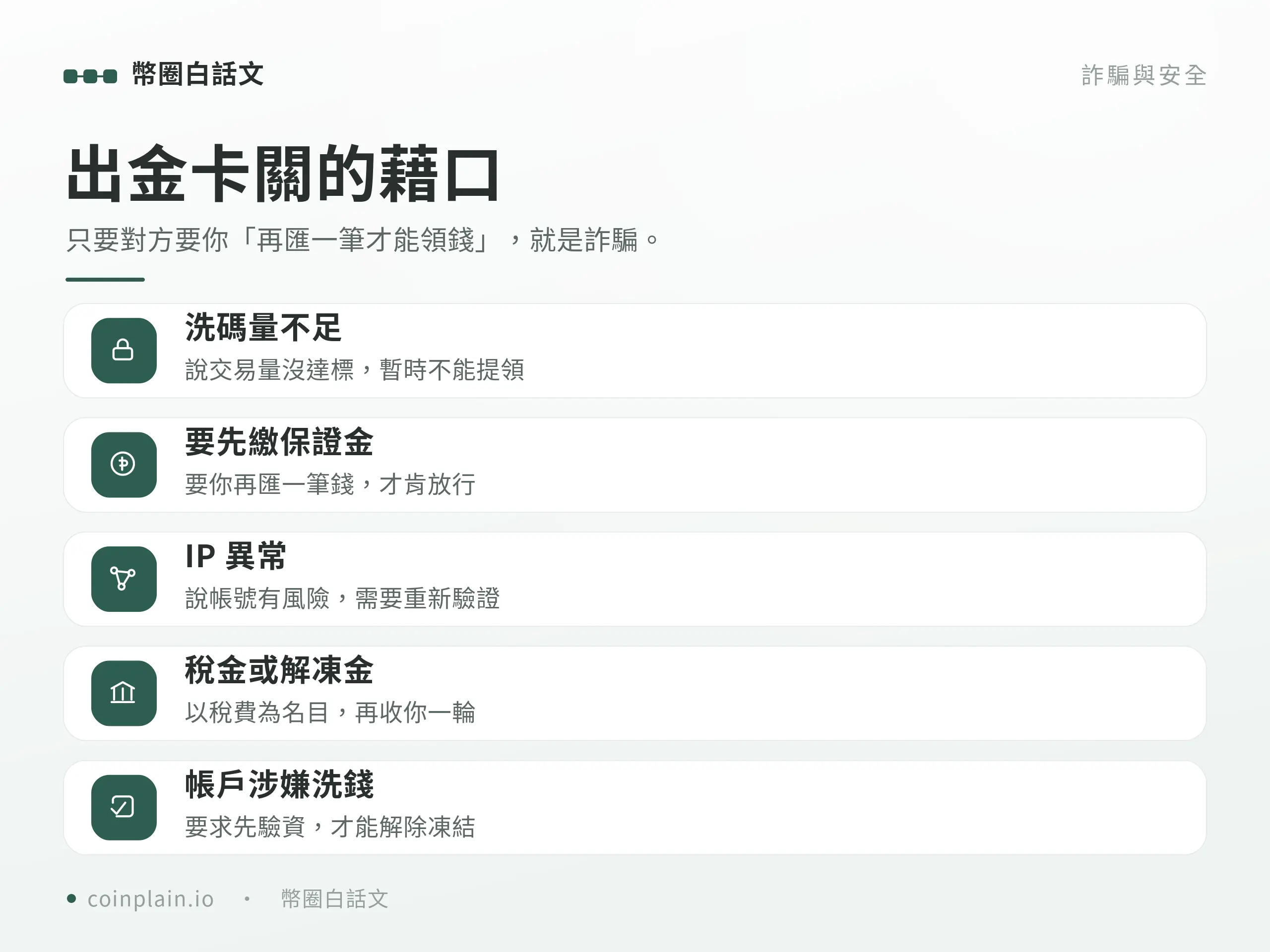 殺豬盤十個警訊清單圖：換私人通訊軟體、始終無法見面、獲利截圖、內線管道、保證獲利、非官方商店 App、要求匯個人帳戶或 USDT、出金要繳費、要求保密