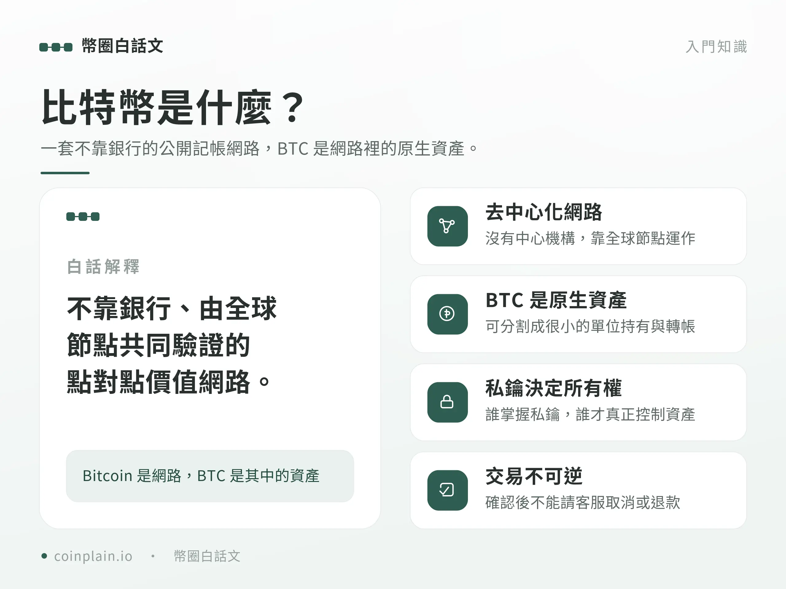 圖解 Bitcoin 是一整套去中心化網路，而 BTC 是這個網路裡的原生資產。