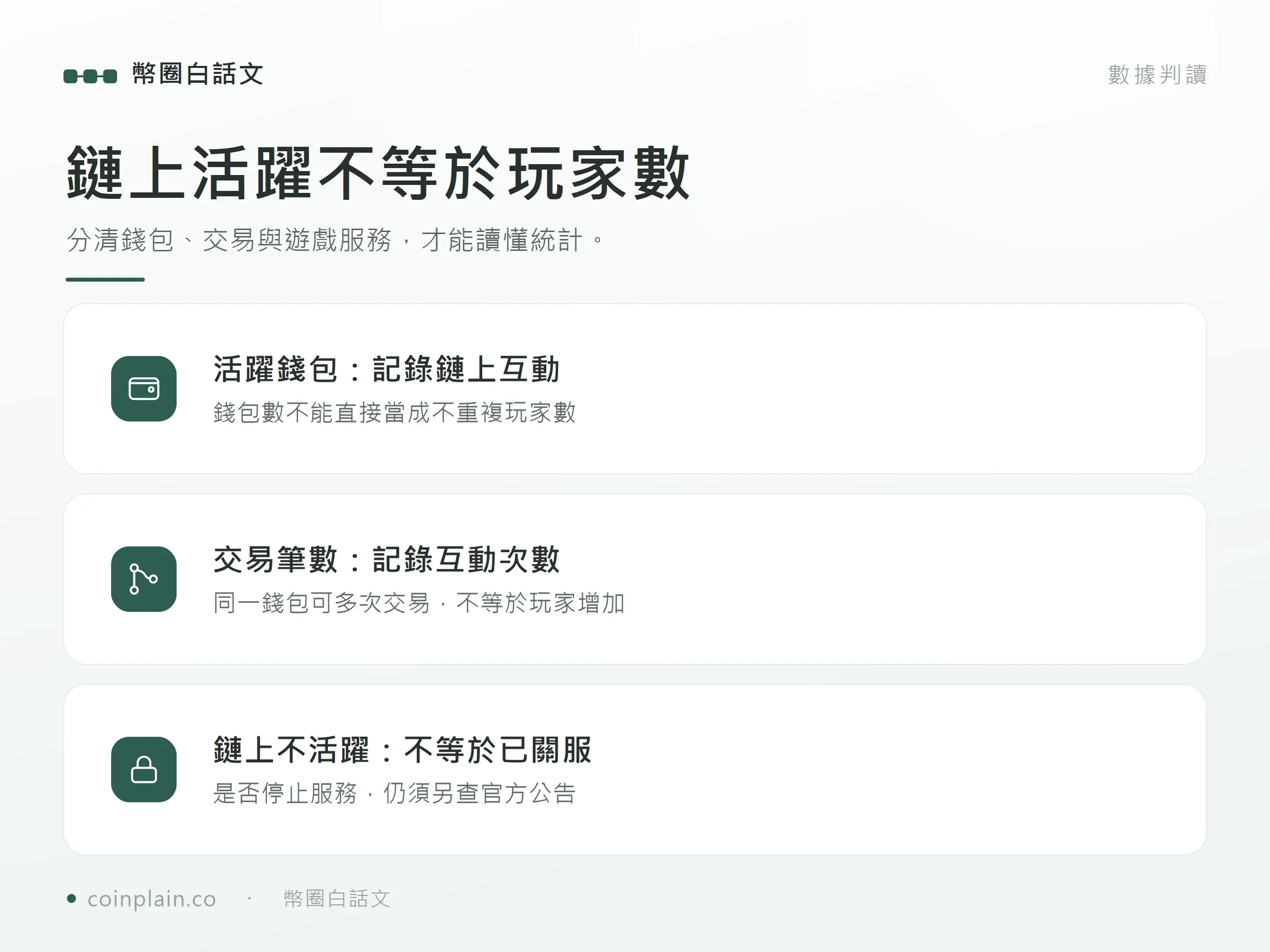 鏈上活躍錢包數不等於不重複玩家數,交易筆數不等於新增玩家,鏈上不活躍也不能直接證明遊戲關服