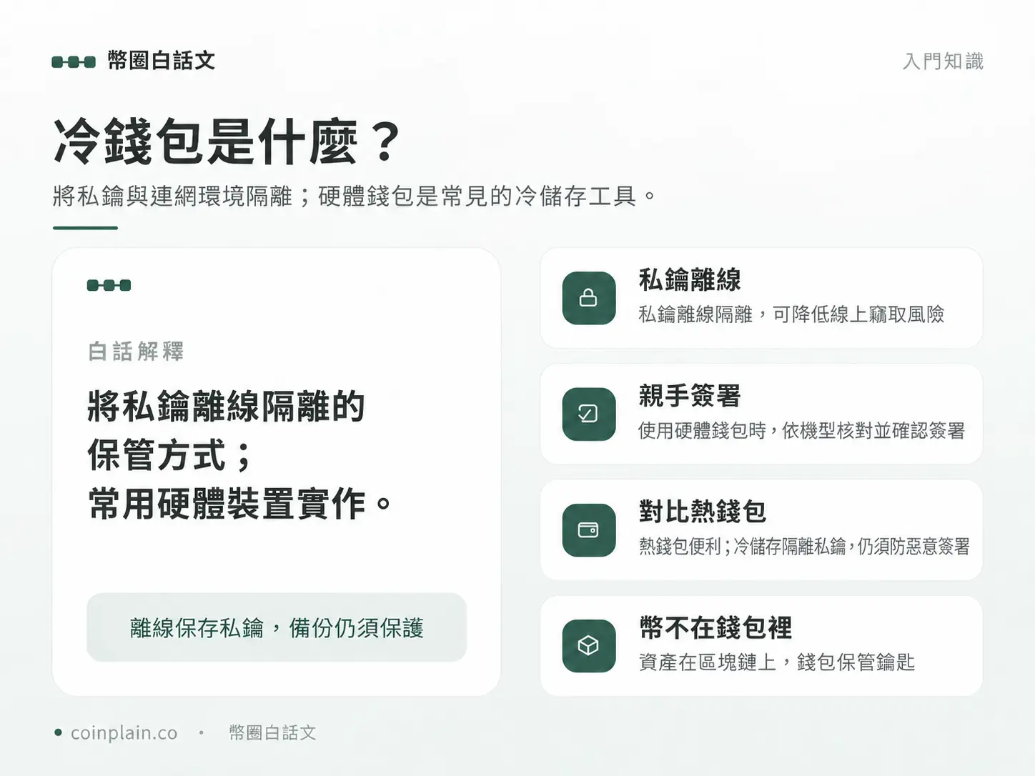 冷儲存隔離私鑰,硬體錢包是常見工具;仍需保護備份並核對簽署