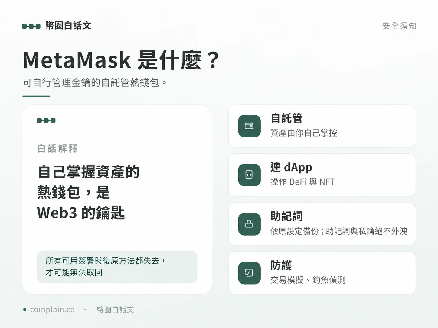 MetaMask自託管熱錢包：備份依原設定，所有可用簽署與復原方法皆失去才可能無法取回