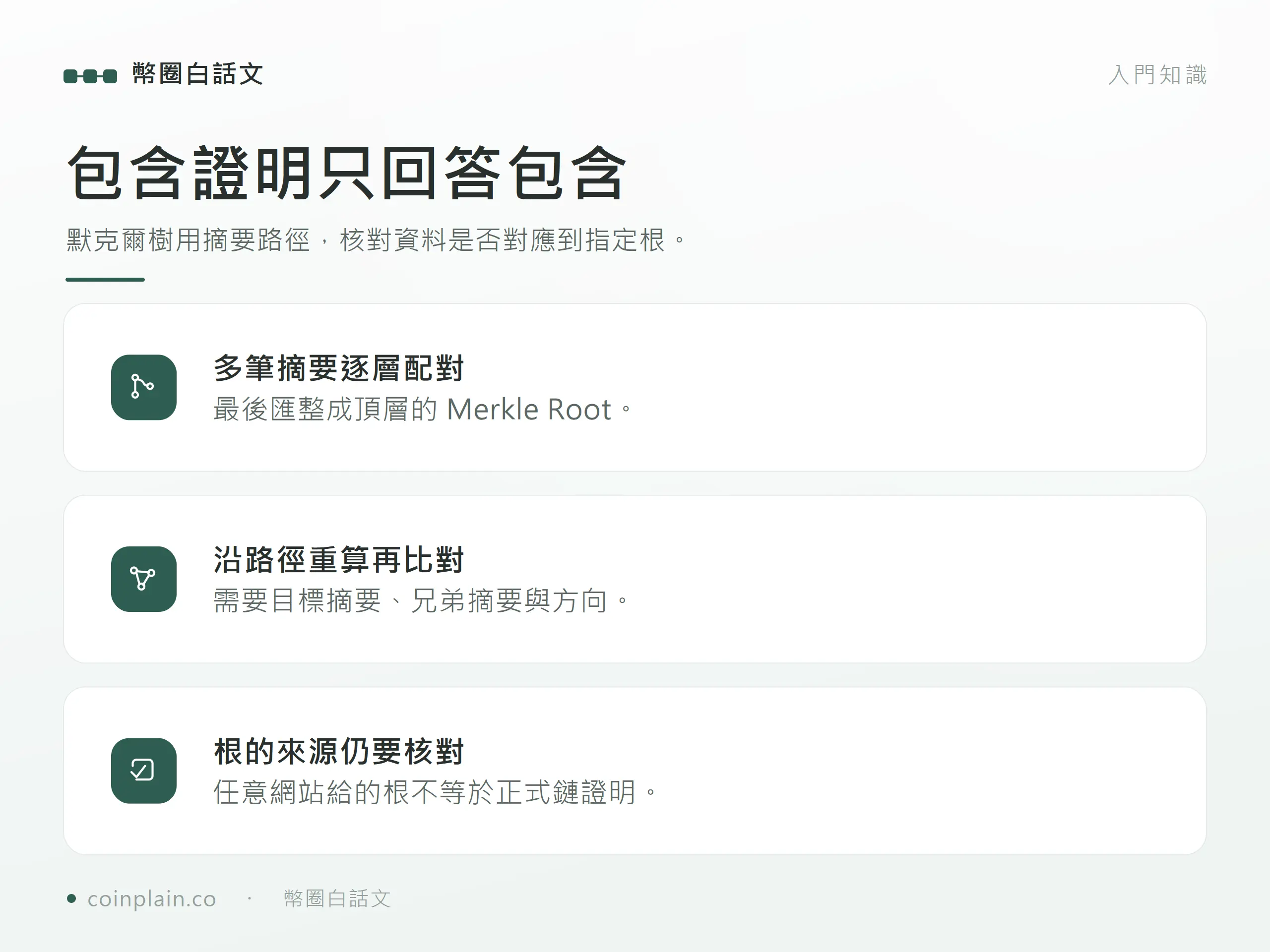 默克爾樹逐層匯整摘要成根，再透過兄弟摘要與方向核對包含，仍需確認根來源