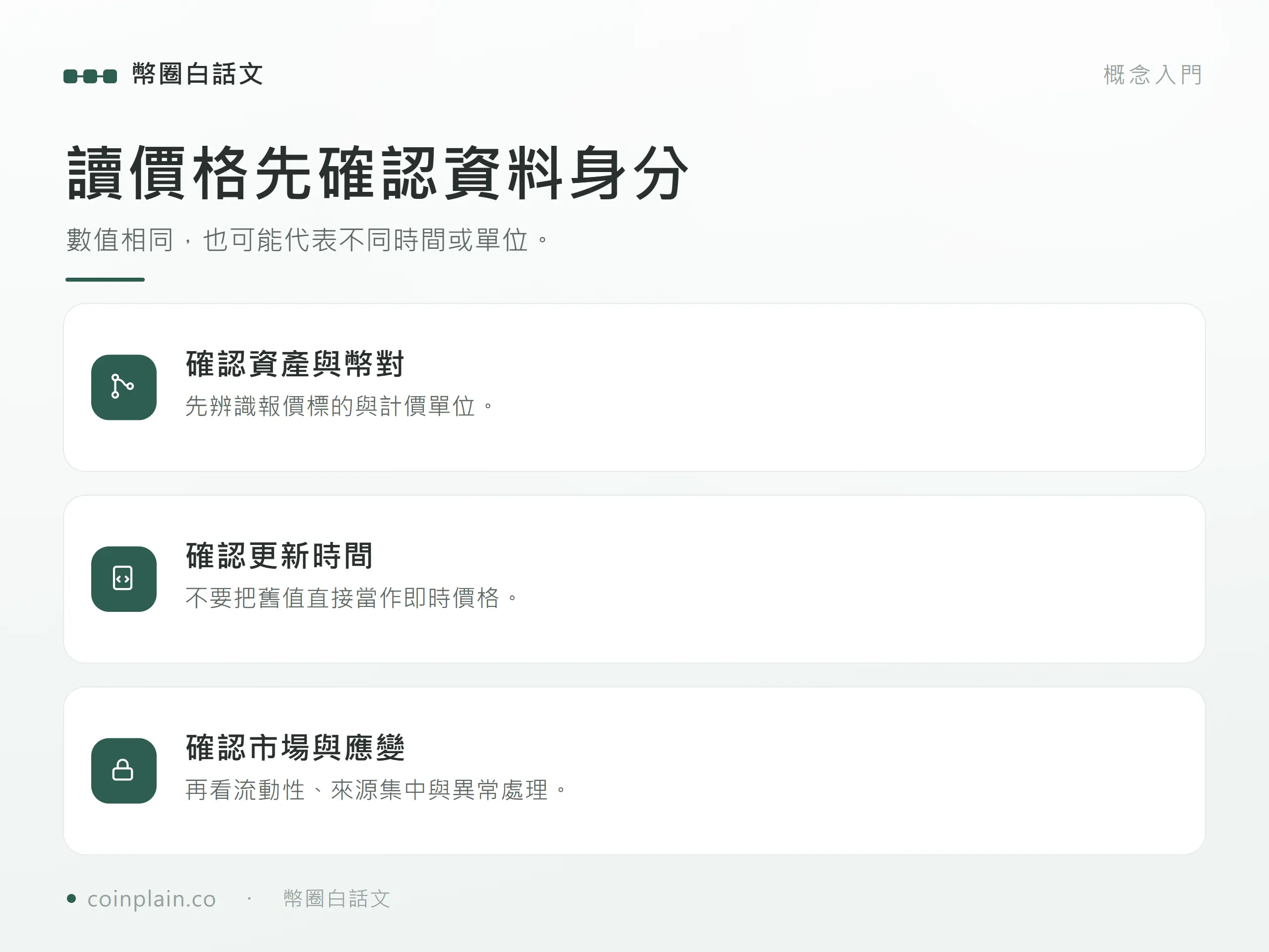 讀價格先確認資料身分:數值相同,也可能代表不同時間或單位。;先辨識報價標的與計價單位。;不要把舊值直接當作即時價格。