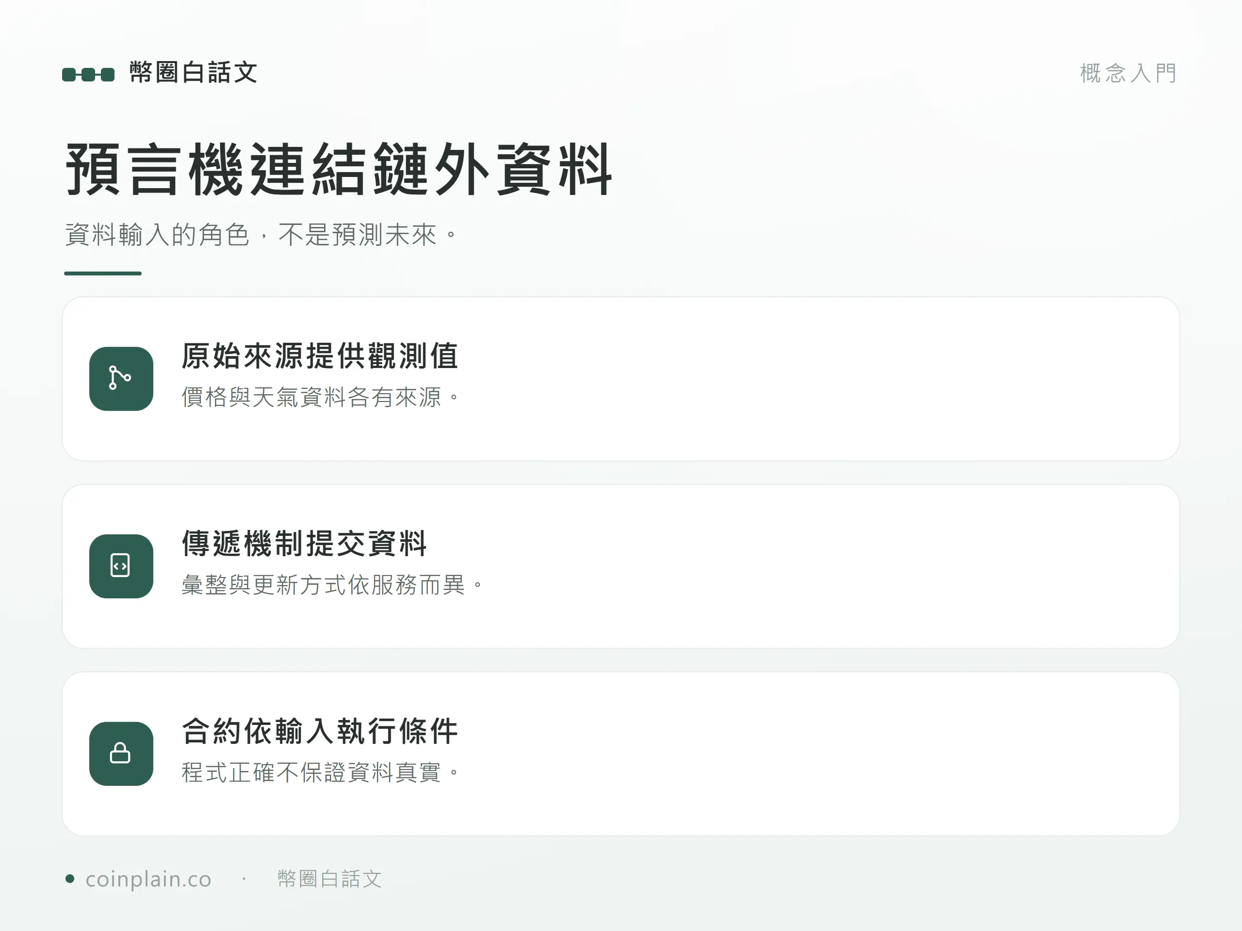 預言機連結鏈外資料:資料輸入的角色,不是預測未來。;價格與天氣資料各有來源。;彙整與更新方式依服務而異。