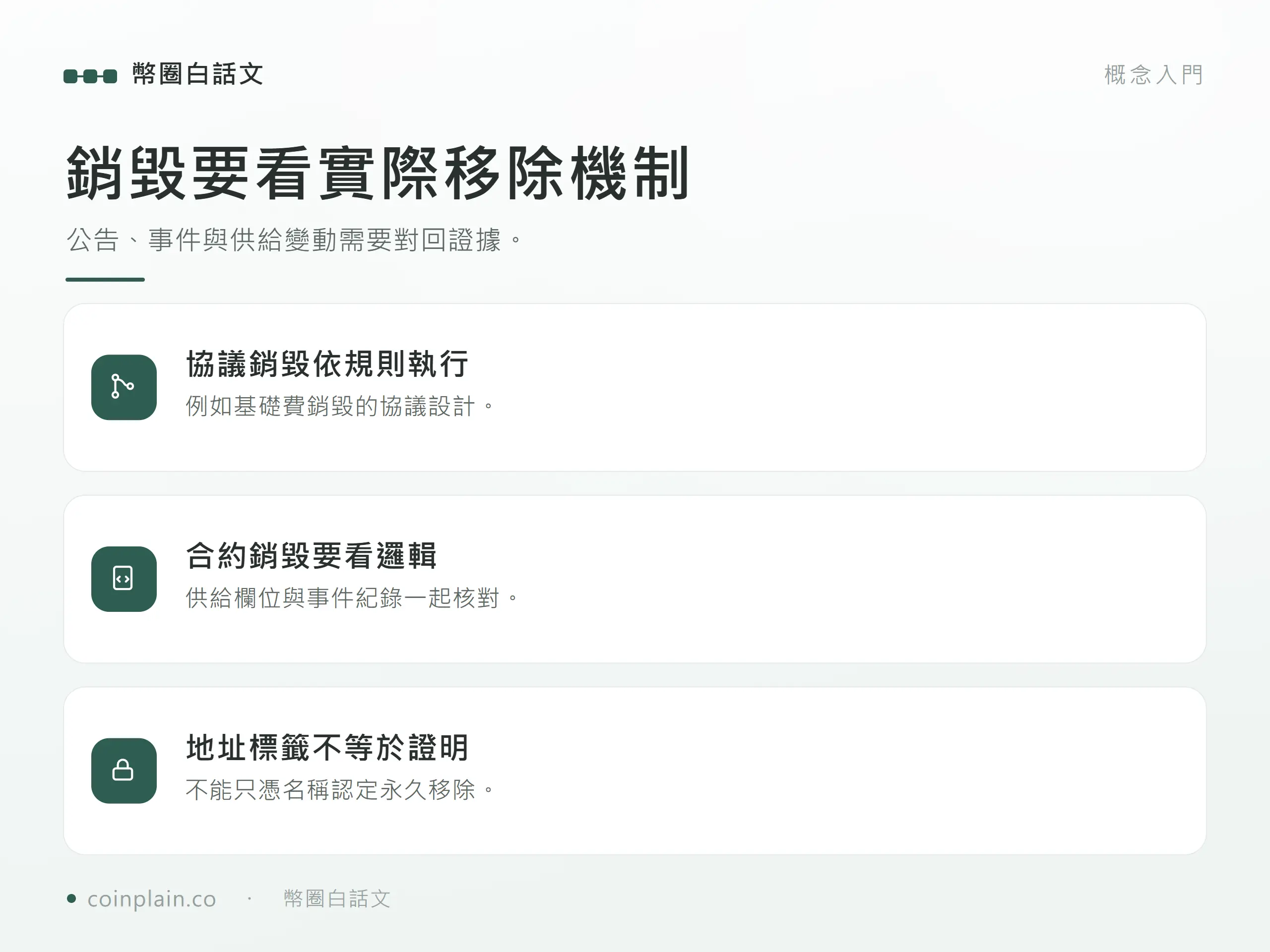 銷毀要看實際移除機制:公告、事件與供給變動需要對回證據。;例如基礎費銷毀的協議設計。;供給欄位與事件紀錄一起核對。